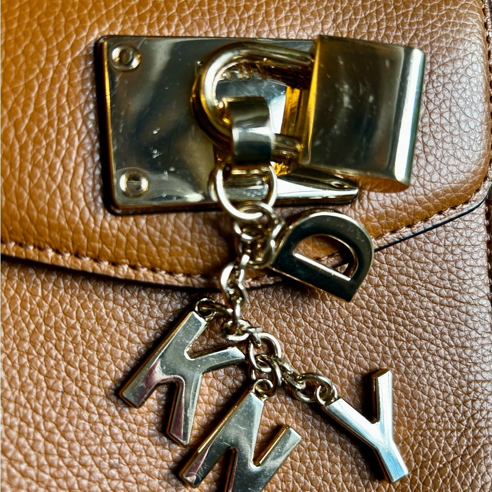 DKNY Tan Leather Crossbody with Gold Accents - Picture 12 of 13